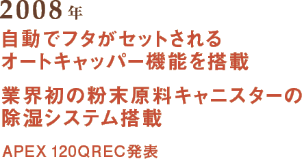 2008年 自動でフタがセットされるオートキャッパー機能を搭載業界初の粉末原料キャニスターの除湿システム搭載 APEX 120QREC発表